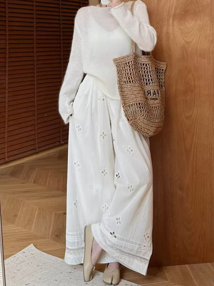 フラワーカットワーク刺繍コットンワイドパンツ