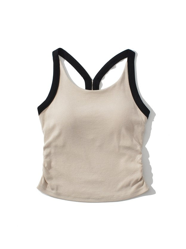 カップ付きバイカラーギャザーリブタンクトップ
