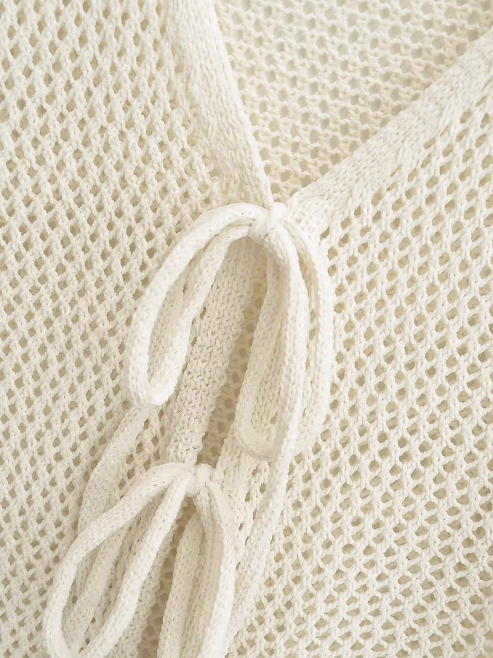 レースアップメッシュニットロングカーディガン