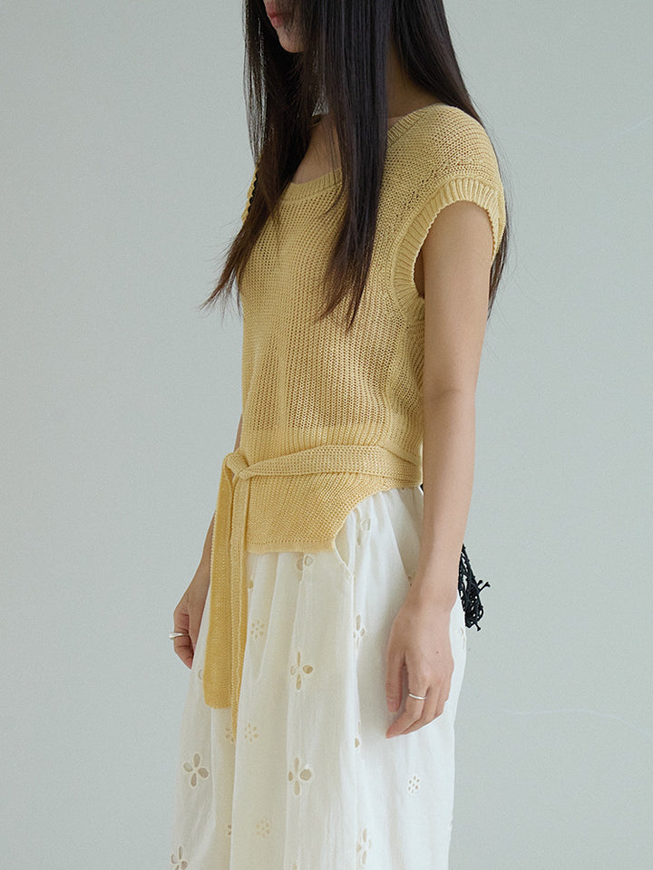 シアーサマーニットリボン付きトップス