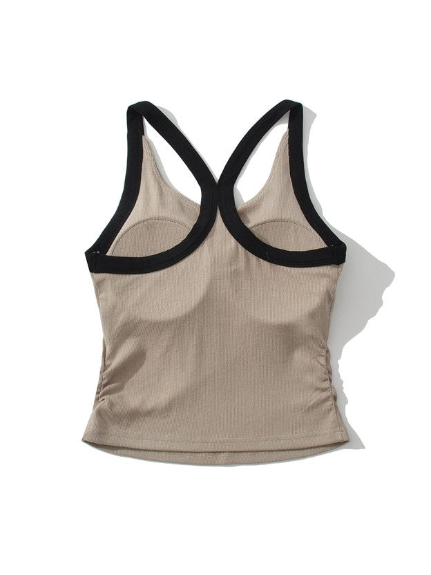 カップ付きバイカラーギャザーリブタンクトップ