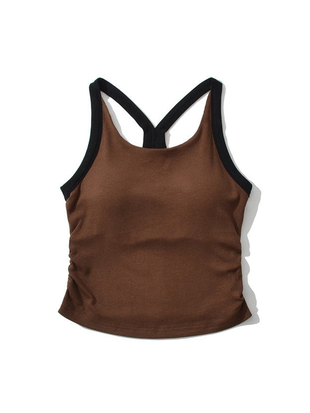 カップ付きバイカラーギャザーリブタンクトップ