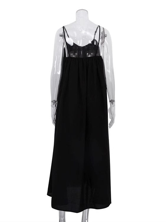 ギャザーフレアブラックロングワンピース