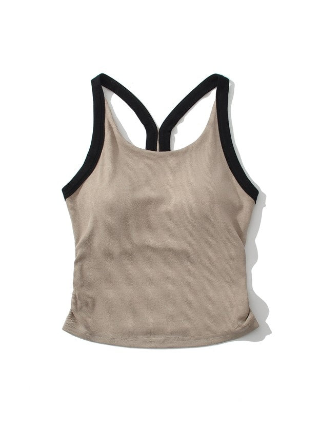 カップ付きバイカラーギャザーリブタンクトップ