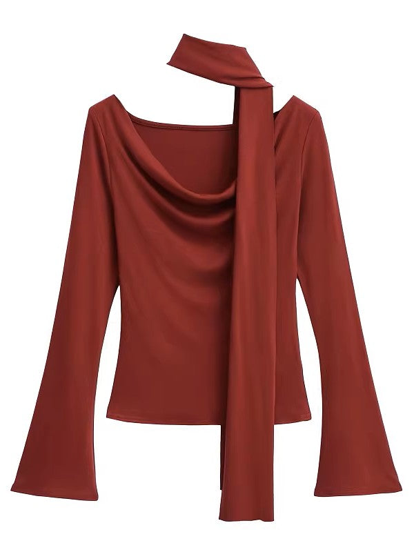 タイ付きドレープネックトップス