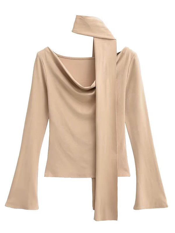 タイ付きドレープネックトップス