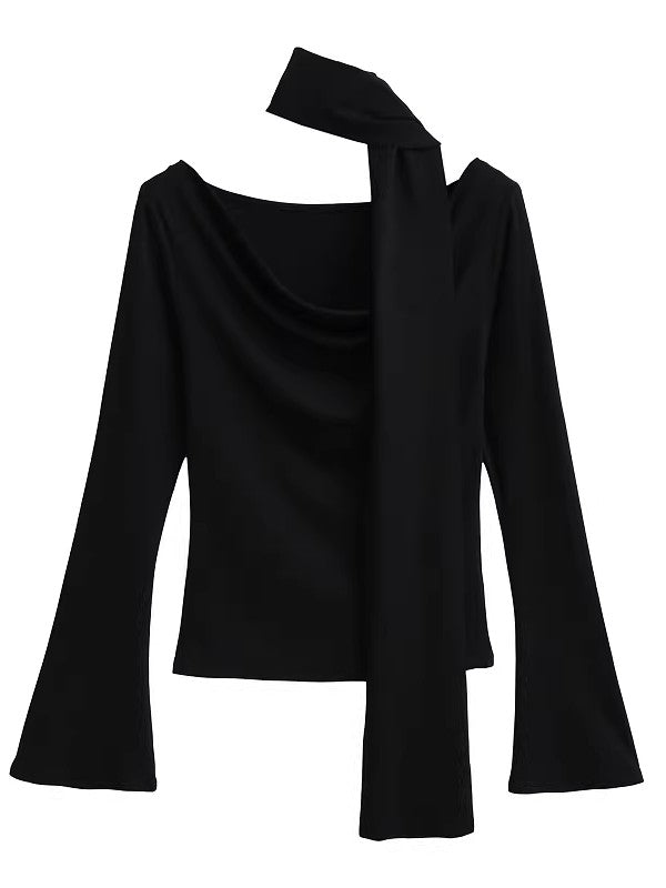 タイ付きドレープネックトップス