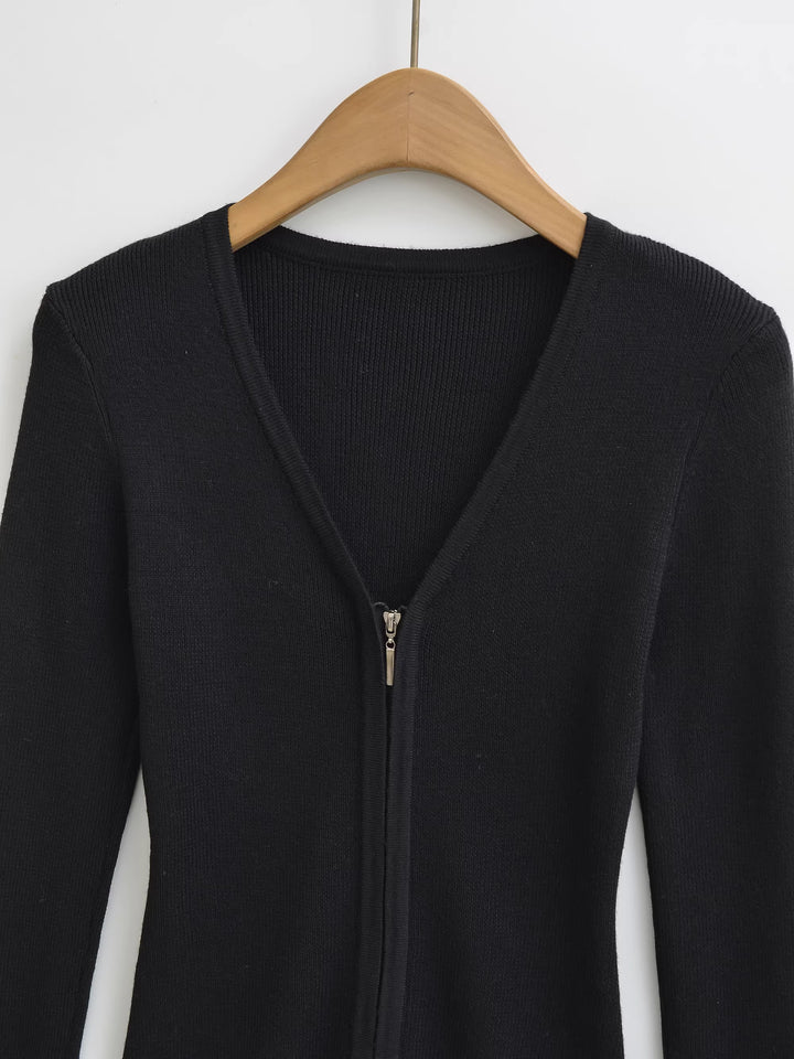 ノーカラーVネックジップカーディガン