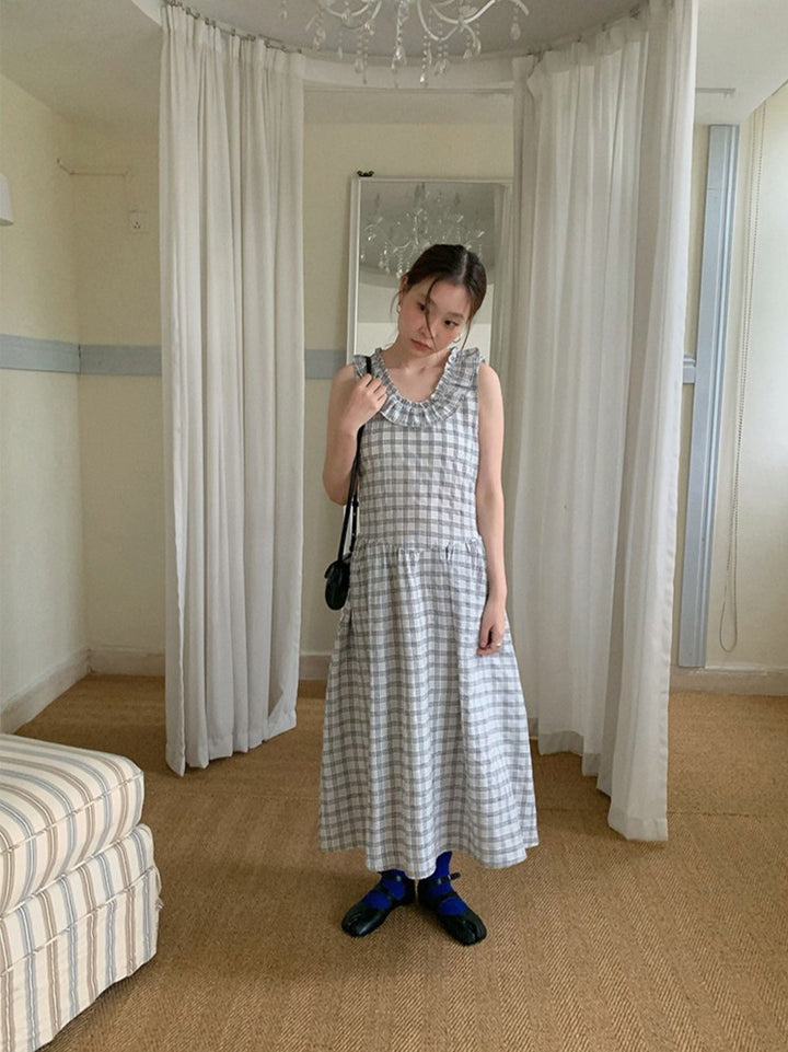 フリルネックチェックフレアワンピース