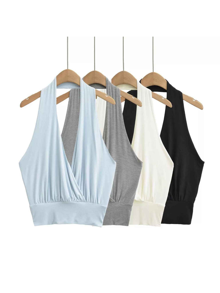 バックレスドレープホルターネックトップス