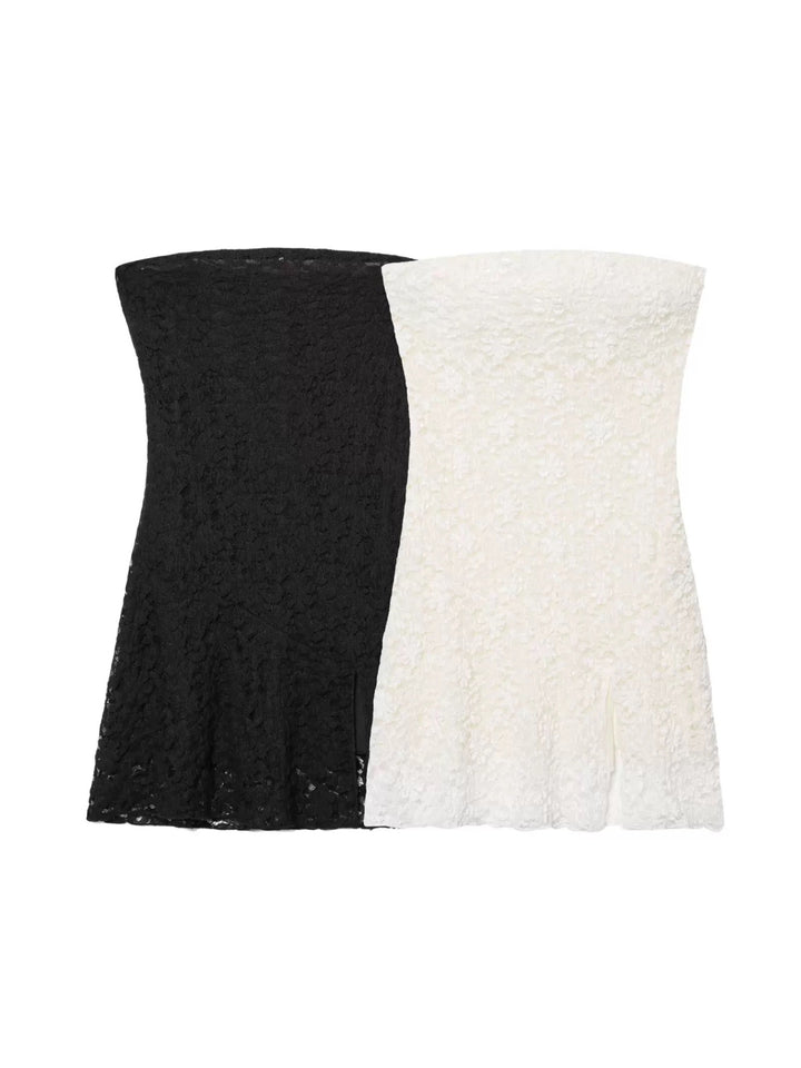 レースストラップレススリットミニドレス