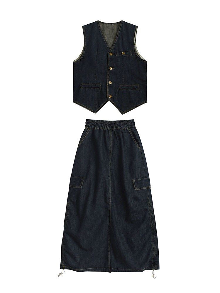 ノンウォッシュデニムベストスカートセット